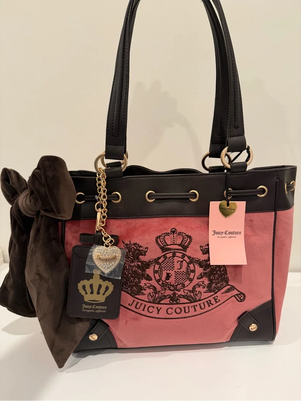 Juicy Couture Pink and Black Logo Tote with Brown Bow & Gold Accents